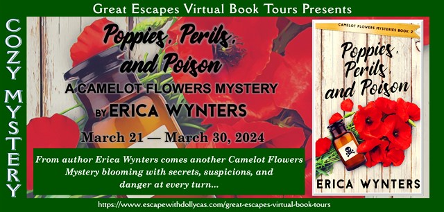 A personalized signed copy of the first book in the Camelot Flowers mystery series, Marigolds, Mischief, and Murder. A life-sized pop-up flower bouquet of French Poppies, and a colorful, bookshelf sticker.