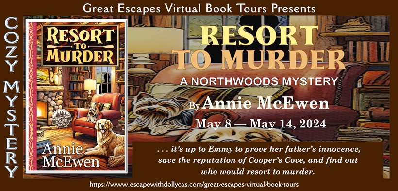 A Paperback Copy of Resort to Murder (Northwoods Mysteries) by Annie McEwen, book mark, and some stickers. US only