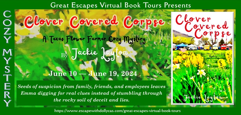 A Paperback copy of Clover Covered Corpse: A Texas Flower Farmer Cozy Mystery by Jackie Layton, a Starbucks gift card, and a fun journal.
