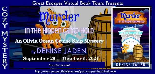 A print copy of Murder in the Hidden Cargo Hold: Olivia Ocean Cruise Ship Mysteries by Denise Jaden as well as some swag, available to US and Canada only.